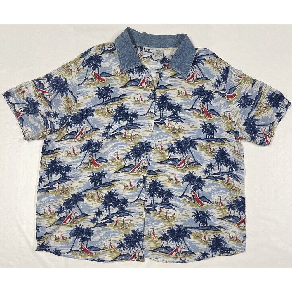 VTG CAPACITY Woman RAYON SHIRT BLUE SAILBOAT PRINT 2X DENIM COLLAR